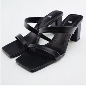 ZARA Black 100% Leather Strappy Heeled Sandals $89.90